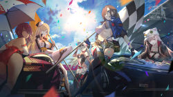 Rule 34 | 5girls, :o, :q, adjusting eyewear, alternate costume, artist request, ass, blonde hair, blue eyes, blue sky, boots, breasts, car, checkered flag, cloud, confetti, cross, cross earrings, dark-skinned female, dark skin, day, earrings, elbow gloves, eyewear on head, flag, girls&#039; frontline, gloves, grey hair, hair between eyes, hair ornament, highres, holding, holding flag, jacket, jewelry, knee up, large breasts, leotard, logo, long hair, looking at viewer, m2hb (cheers on the blazing tarmac) (girls&#039; frontline), m2hb (girls&#039; frontline), motor vehicle, multiple girls, official alternate costume, official art, open clothes, open jacket, orange eyes, outdoors, p22 (girls&#039; frontline), p22 (pulsing dash) (girls&#039; frontline), pink hair, ppk (girls&#039; frontline), ppk (mach tempest) (girls&#039; frontline), purple hair, race queen, race vehicle, racecar, red eyes, saiga-12 (crimson navigator) (girls&#039; frontline), saiga-12 (girls&#039; frontline), short hair, sidelocks, sitting, sky, smile, standing, sunglasses, thigh boots, thighhighs, thighs, tongue, tongue out, twintails, ukm-2000 (breakneck whirlwind) (girls&#039; frontline), ukm-2000 (girls&#039; frontline), yellow eyes