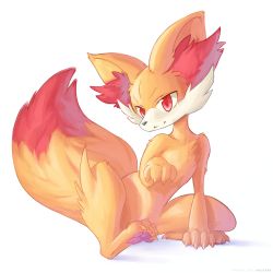 Rule 34 | :3, absurdres, ancesra, animal ear fluff, animal focus, artist name, claws, closed mouth, creatures (company), fennekin, full body, game freak, gen 6 pokemon, hand up, highres, looking at viewer, nintendo, no humans, patreon username, pawpads, pokemon, pokemon (creature), red eyes, sideways mouth, simple background, sitting, solo, watermark, web address, white background, yellow theme