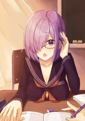 Rule 34 | 1girl, bad id, bad pixiv id, black-framed eyewear, black serafuku, black shirt, blouse, breast rest, breasts, chalkboard, cleavage, commentary request, curtains, eraser, fate/grand order, fate (series), glasses, hair over one eye, hand on another&#039;s hand, highres, indoors, large breasts, lein, light purple hair, long sleeves, looking at viewer, mash kyrielight, mechanical pencil, neckerchief, notebook, open mouth, paper, pencil, pencil case, pov, pov hands, purple eyes, red neckerchief, sailor collar, school uniform, serafuku, shirt, short hair, sitting, sunset, table, tsurime, wall, wooden chair, wooden table