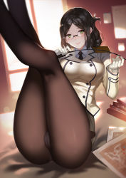 Rule 34 | 10s, 1girl, alternate hair color, ass, bad id, bad pixiv id, black hair, black pantyhose, breasts, epaulettes, folded ponytail, glasses, gloves, green eyes, kantai collection, katori (kancolle), legs, legs up, looking at viewer, map, military, military uniform, panties, panties under pantyhose, pantyhose, riding crop, sitting, skirt, solo, underwear, uniform, window, yykuaixian