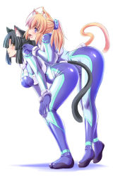 Rule 34 | 2girls, :d, :o, ahoge, animal ears, bent over, black hair, blonde hair, blue bodysuit, blue eyes, blue gloves, blush, bodysuit, breasts, cat ears, cat girl, cat tail, couple, female focus, from side, full body, girl on top, gloves, hair ornament, hands on another&#039;s shoulders, hands on own knees, hanging breasts, happy, large breasts, leaning, leaning forward, leaning on person, long hair, looking afar, looking at another, looking at viewer, looking to the side, multiple girls, open mouth, original, ponytail, sexually suggestive, shadow, shiny clothes, short hair, sidelocks, simple background, skin tight, smile, standing, tail, tareme, tonpuu, white background, yellow eyes, yuri