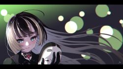 Rule 34 | 1girl, absurdres, black choker, black dress, black gloves, black hair, blue eyes, blunt bangs, choker, dress, floating hair, gloves, gothic lolita, grey hair, highres, holding, holding mask, hololive, hololive dev is, juufuutei raden, lace-trimmed choker, lace trim, lolita fashion, long hair, looking at viewer, mask, multicolored hair, noh mask, smile, solo, streaked hair, virtual youtuber, yukyon