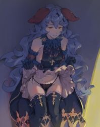 Rule 34 | 1girl, animal ears, bare shoulders, black panties, black thighhighs, blue hair, breasts, breath, clenched teeth, clothes lift, commentary request, dress, dress lift, earrings, elbow gloves, erune, ferry (granblue fantasy), gloves, granblue fantasy, hair ornament, highres, jewelry, lifting own clothes, long hair, navel, orange eyes, panties, side-tie panties, sideboob, small breasts, solo, string panties, sunao (souis), sweat, teeth, thighhighs, underwear, very long hair
