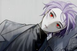 Rule 34 | 1boy, black sweater, commentary, dated commentary, earrings, glint, gloves, grey gloves, grey jacket, highres, jacket, jewelry, kyoko (akakikyoko), light particles, long sleeves, looking at viewer, male focus, open clothes, open jacket, pale skin, parted lips, purple hair, red eyes, saibou shinkyoku, sanpaku, short hair, solo, sweater, theodore riddle, turtleneck, turtleneck sweater