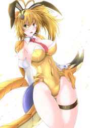 Rule 34 | 1girl, ahoge, animal ears, arisa (g (genesis1556)), bare legs, blonde hair, breasts, claws, cleavage, detached collar, dragon girl, dragon horns, dragon tail, fake animal ears, g (genesis1556), groin, hair between eyes, hair ornament, highres, horns, leg strap, leotard, long hair, looking at viewer, medium breasts, monster girl, navel, necktie, open mouth, original, playboy bunny, rabbit ears, red necktie, side ponytail, simple background, solo, standing, tail, thigh strap, thighs, v-shaped eyebrows, white background, yellow leotard