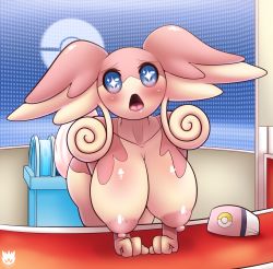 Rule 34 | 1girl, 2017, animal ears, arm support, artist name, audino, blue eyes, blush, breasts, collarbone, creatures (company), dated, drooling, female focus, furry, furry female, game freak, gen 5 pokemon, highres, indoors, laranthrod, large breasts, leaning forward, looking at viewer, nintendo, nipples, nude, open mouth, pokemon, pokemon (creature), pokemon bw, saliva, solo, tail, text focus, tongue, watermark