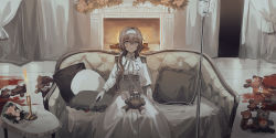 Rule 34 | 1girl, blood, bloody knife, bouquet, bow, breasts, brown hair, candle, capelet, chihuri, closed mouth, commentary request, couch, dress, epaulettes, fire, fireplace, flower, frilled pillow, frills, gloves, grey eyes, hair between eyes, highres, holding, holding knife, intravenous drip, knife, long hair, long sleeves, medium breasts, on couch, original, pillow, pink flower, pink rose, renata alekseevna tsvetaeva, rose, russian commentary, sitting, smile, solo, stuffed animal, stuffed toy, table, teddy bear, tile floor, tiles, very long hair, white bow, white capelet, white dress, white gloves