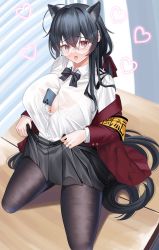 Rule 34 | ahoge, animal ears, armband, azur lane, between breasts, black bow, black bowtie, black hair, black pantyhose, black skirt, bow, bowtie, bra, bra visible through clothes, breasts, button gap, cat ears, cellphone, cleavage, clothes lift, crossed bangs, desk, fake animal ears, glasses, heart, highres, jacket, jewelry, kneeling, lace, lace-trimmed bra, lace trim, large breasts, lifting own clothes, long hair, megumi kei, official alternate costume, on desk, pantyhose, phone, pleated skirt, red eyes, red jacket, ring, round eyewear, see-through, see-through shirt, skirt, skirt lift, smartphone, taihou (azur lane), taihou (sweet time after school) (azur lane), underwear, yellow armband