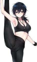 Rule 34 | 1girl, :o, absurdres, arm up, armpits, bad id, bad pixiv id, bara (03 bara ), bare arms, bare shoulders, between breasts, black hair, black pants, breasts, cleavage, commentary request, hair between eyes, highres, leg up, long hair, looking at viewer, low ponytail, medium breasts, nike (company), open mouth, original, pants, simple background, solo, split, sports bra, standing, standing on one leg, standing split, sweat, sweatband, tight clothes, tight pants, whistle, whistle around neck, white background, yokoyama ishimi