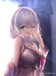 Rule 34 | 1girl, braid, breasts, chemise, chihiro ayaka, company name, copyright notice, green eyes, hair between eyes, hand up, hololive, jewelry, large breasts, long sleeves, looking at viewer, medium hair, necklace, off shoulder, official art, one eye closed, open mouth, shirogane noel, solo, upper body, virtual youtuber, white hair