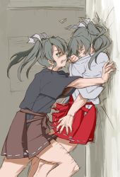 Rule 34 | 10s, 2girls, against wall, bad id, bad twitter id, dual persona, fighting, gmgt (gggggg3), hair ribbon, japanese clothes, kabedon, kantai collection, long hair, multiple girls, ribbon, skirt, twintails, violence, zuikaku (kancolle)