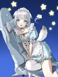 Rule 34 | 1girl, absurdres, animal ears, apron, aqua eyes, blue background, blue footwear, blush, chair, cleavage cutout, clothing cutout, dog ears, dress, flat chest, frilled apron, frilled dress, frills, gradient background, grey hair, heart cutout, highres, hiramedousa, indie virtual youtuber, light blue dress, looking at viewer, mofuri wanco, shoes, short hair, single thighhigh, solo, star (symbol), thighhighs, tongue, tongue out, white apron, white thighhighs