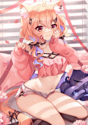 Rule 34 | 1girl, :3, ahoge, animal ear fluff, animal ears, black choker, black thighhighs, blonde hair, bow, breasts, cat ears, cat girl, cat tail, choker, cleavage, crop top, crop top overhang, facial mark, hair bow, hands up, highres, indie virtual youtuber, long hair, long sleeves, looking at viewer, medium breasts, micro shorts, midriff, multicolored hair, navel, off-shoulder shirt, off shoulder, over-kneehighs, pink shirt, puffy sleeves, red eyes, ribbon, shirt, shorts, shyrei faolan, sitting, smile, solo, squchan, stomach, tail, tail ornament, tail ribbon, thighhighs, thighs, two-tone hair, virtual youtuber, wavy hair, white shorts