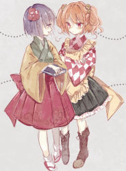 Rule 34 | 2girls, puff of air, apron, bell, black skirt, boots, bow, brown footwear, character name, checkered clothes, checkered kimono, clothes writing, flower, frilled skirt, frills, full body, hair bell, hair flower, hair ornament, hieda no akyuu, japanese clothes, kimono, long sleeves, motoori kosuzu, multiple girls, purple hair, red eyes, red skirt, ribbon, short hair, skirt, sorani (kaeru0768), touhou, twintails, two side up, wide sleeves