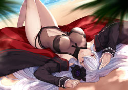 Rule 34 | 1girl, arms up, azur lane, bare legs, bare shoulders, beach, black footwear, black jacket, black one-piece swimsuit, blue hair, blue sky, blurry, blurry background, breasts, brown one-piece swimsuit, casual one-piece swimsuit, closed mouth, clothing cutout, day, depth of field, flower, graf zeppelin (azur lane), graf zeppelin (beachside urd) (azur lane), hair between eyes, hair flower, hair ornament, hair spread out, horizon, jacket, knees up, large breasts, long hair, long sleeves, looking at viewer, lying, navel, navel cutout, ocean, on back, one-piece swimsuit, open clothes, open jacket, outdoors, pak ce, red eyes, sand, see-through, sky, solo, swimsuit, very long hair, water