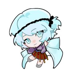 Rule 34 | 1other, black bow, black headband, blue eyes, blue hair, blue jacket, blush, bow, chibi, closed mouth, eyelashes, fujiwara no iyozane, hair bow, hakama, hakama short skirt, hakama skirt, headband, jacket, jacket on shoulders, japanese clothes, kimono, len&#039;en, long sleeves, looking at viewer, no shoes, nose blush, one side up, orange skirt, other focus, outstretched hand, purple kimono, qgpc3pnwsmctbeg, short ponytail, skirt, smile, socks, solo, white background, white socks, wide sleeves