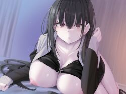 Rule 34 | 1girl, absurdres, bed, black bra, black hair, black jacket, blush, bra, bra lift, breasts, cleavage, collarbone, collared shirt, empty eyes, hair between eyes, highres, indoors, jacket, large breasts, long hair, long sleeves, looking at viewer, nipples, non-web source, open clothes, open shirt, original, parted lips, red eyes, reinama, shiny skin, shirt, sidelocks, solo, underwear, white shirt