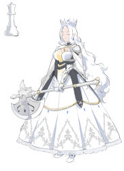 Rule 34 | 1girl, absurdres, axe, breasts, cape, chess piece, cleavage, closed eyes, closed mouth, crown, dress, highres, holding, holding axe, holding weapon, large breasts, long hair, milim nova, original, pointy ears, queen (chess), simple background, smile, solo, standing, very long hair, weapon, white background, white cape, white dress, white hair