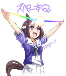 Rule 34 | 1girl, :d, animal ears, arms up, bow, bowtie, brown hair, commentary request, energy beam, hachimaki, headband, horse ears, horse girl, horse tail, looking to the side, multicolored hair, open mouth, pleated skirt, purple bow, purple bowtie, purple eyes, purple shirt, school uniform, shirt, short hair, short sleeves, simple background, skirt, smile, solo, special week (umamusume), tail, tonpuu, tracen school uniform, translated, twitter username, two-tone hair, umamusume, white background, white hair, white headband, white skirt