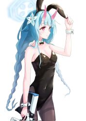 Rule 34 | animal ears, blue archive, blue hair, braid, breasts, chise (blue archive), collar, flower, gun, hair flower, hair ornament, halo, highres, holding, holding gun, holding weapon, horns, leotard, meluwow, oni horns, playboy bunny, rabbit ears, red eyes, simple background, small breasts, weapon, white background
