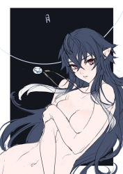 Rule 34 | 1girl, arm across chest, arm grab, ban! (bansankan), black background, black hair, border, breasts, groin, hair between eyes, irina luminesk, long hair, looking at viewer, messy hair, navel, necktie, nude, outdoors, pointy ears, red eyes, sketch, small breasts, solo, tsuki to laika to nosferatu, white border