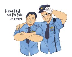 Rule 34 | 2boys, arm around shoulder, bara, beard stubble, cropped torso, crossed arms, daisukebear, facial hair, glasses, highres, looking at viewer, male focus, mature male, multiple boys, mustache stubble, necktie, original, police, police uniform, policeman, receding hairline, short hair, smile, stubble, thick eyebrows, uniform