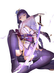 Rule 34 | 1girl, absurdres, braid, breasts, bridal gauntlets, chinese commentary, cleavage, coattails, commentary request, electricity, feet, flower, genshin impact, hair ornament, highres, holding hands, japanese clothes, katana, kimono, large breasts, long hair, long sleeves, looking to the side, mitsudomoe (shape), mole, mole under eye, mouma, no shoes, obi, obiage, obijime, open mouth, panties, purple eyes, purple flower, purple hair, raiden shogun, sash, simple background, smile, solo, sword, tassel, thighhighs, tomoe (symbol), torii, underwear, weapon, white background, wide sleeves