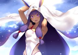 Rule 34 | 1girl, armpits, arms up, blanket, blush, breasts, competition swimsuit, dark-skinned female, dark skin, deras, double exposure, earrings, fate/grand order, fate (series), hair tubes, hoop earrings, jewelry, long hair, looking at viewer, medium breasts, necklace, nitocris (fate), nitocris (fate/grand order), nitocris (swimsuit assassin) (fate), nitocris (swimsuit assassin) (second ascension) (fate), one-piece swimsuit, open mouth, purple eyes, purple hair, smile, solo, swimsuit, upper body, very long hair