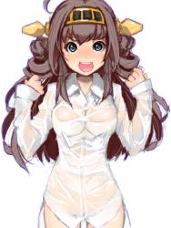 Rule 34 | 10s, 1girl, :d, blue eyes, blush, breasts, brown hair, cowboy shot, double bun, headgear, kantai collection, kongou (kancolle), long hair, looking at viewer, mistrail, naked shirt, no panties, open mouth, see-through, shirt, smile, solo, thigh gap, wet, wet clothes, white background