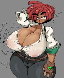 Rule 34 | 1girl, absurdres, belt, blue eyes, breasts, cameltoe, cleavage, covered erect nipples, curvy, dark-skinned female, dark skin, giovanna (guilty gear), gloves, guilty gear, guilty gear strive, highres, huge breasts, jellot, large areolae, large nipples, lips, pants, plump, red hair, see-through, short hair, solo, sweat, thick thighs, thighs, wide hips