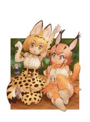 Rule 34 | &gt; &lt;, 2girls, animal ears, arm up, arms up, belt, black belt, blonde hair, blouse, blue eyes, blue shirt, bow, bowtie, brown hair, brown legwear, brown neckwear, brown skirt, caracal (kemono friends), claw pose, day, dog ears, dog tail, elbow gloves, gloves, grey headwear, helmet, high-waist skirt, kemono friends, kemono friends 2, kneeling, kyururu (kemono friends), leaning to the side, looking at another, looking at viewer, medium hair, miniskirt, multiple girls, nyororiso (muyaa), open mouth, outdoors, outside border, pith helmet, print gloves, print legwear, print neckwear, serval (kemono friends), serval print, serval tail, shirt, shoes, short hair, sitting, skindentation, skirt, sleeveless, sleeveless shirt, tail, thighhighs, traditional bowtie, triangle mouth, white footwear, white gloves, white shirt, yellow eyes, yellow legwear, yellow neckwear, yellow skirt