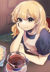 Rule 34 | 1girl, black shirt, blonde hair, cup, elbows on table, green eyes, hand on own arm, hand on own face, highres, kirisame marisa, looking at viewer, rai (3stone), shirt, sitting, solo, table, tea, teacup, touhou, wooden table