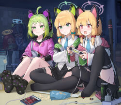 Rule 34 | 5girls, :3, absurdres, ahoge, animal ear headphones, animal ears, antenna (dohna dohna), aris (blue archive), black skirt, black socks, black thighhighs, blonde hair, blue archive, blue necktie, blush stickers, cat ear headphones, cat tail, chips (food), collared shirt, commentary, controller, crossover, dohna dohna issho ni warui koto o shiyou, drinking straw, electrical outlet, fake animal ears, fang, feet, flying sweatdrops, food, game controller, game development department (blue archive), green eyes, green hair, halo, headphones, highres, holding, holding controller, holding game controller, indian style, knee up, knees up, legs, looking afar, midori (blue archive), momoi (blue archive), monster energy, multiple girls, necktie, no shoes, playing games, pleated skirt, potato chips, red eyes, sawkm, school uniform, sd card, shirt, short hair, siblings, sisters, sitting, skin fang, skirt, socks, soles, sweatdrop, tail, tail raised, thighhighs, toes, trait connection, twins, v-shaped eyebrows, yuzu (blue archive)
