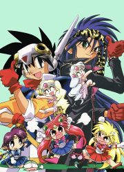 Rule 34 | 1990s (style), 2boys, 5girls, anger vein, anklet, arara cocoa, arara milk, arm behind head, arm up, baba lamune, black eyes, black hair, blonde hair, blue dress, blue eyes, blue hair, blush, bracelet, braid, braided ponytail, chibi, coat, da cider, dress, elbow gloves, fang, gloves, gold mountain, green background, green eyes, hairband, headgear, heavy meta-ko, highres, jewelry, leska (arara cafe au lait), long hair, long sleeves, magical girl, mini person, minigirl, multiple boys, multiple girls, ng knight lamune &amp; 40, nose blush, official art, open mouth, pointy ears, purple hair, red dress, red eyes, red gloves, red hair, retro artstyle, short dress, silver mountain, simple background, sitting, smile, snake, spiked bracelet, spikes, tama-q, thumbs up, tiara, v-shaped eyebrows, very long hair, wariza, white hair