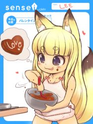 Rule 34 | 1girl, :p, animal ear fluff, animal ears, blue eyes, bowl, camisole, candy, chocolate, chocolate heart, cooking, cover, food, fox ears, fox tail, heart, komugi (lee), lee (colt), long hair, mixing bowl, original, panties, pink camisole, pink panties, smile, solo, spoon, tail, tongue, tongue out, underwear, underwear only, valentine