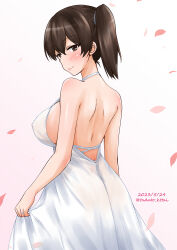 Rule 34 | 1girl, artist name, back, blush, breasts, bride, brown eyes, brown hair, covered erect nipples, dated, dress, highres, jewelry, kaga (kancolle), kamiya tadato, kantai collection, large breasts, looking at viewer, looking back, ring, side ponytail, smile, solo, twitter username, white dress