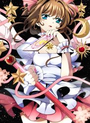 Rule 34 | 1990s (style), 1girl, absurdres, bad id, bad pixiv id, baton, blue eyes, breasts, brown hair, card, cardcaptor sakura, cleavage, crescent, crescent hair ornament, dress, fumiko (miruyuana), hair ornament, highres, kinomoto sakura, large breasts, looking at viewer, magical girl, multicolored clothes, multicolored dress, nail polish, aged up, open mouth, petals, pink dress, pink nails, puffy short sleeves, puffy sleeves, retro artstyle, ribbon, short sleeves, smile, solo, star (symbol), white dress, wings, wrist cuffs