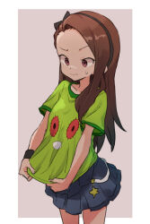 Rule 34 | 1girl, black hairband, black ribbon, black wristband, blue skirt, breasts, brown eyes, brown hair, chupacabra (idolmaster), closed mouth, clothes pull, collarbone, commentary request, cowboy shot, dot nose, gazacy (dai), green shirt, hair over shoulder, hair ribbon, hairband, highres, idolmaster, idolmaster (classic), idolmaster million live!, idolmaster million live! theater days, long hair, looking down, minase iori, pink background, pleated skirt, print shirt, ribbon, shirt, shirt pull, short sleeves, simple background, skirt, small breasts, solo, standing, sweatdrop