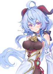 Rule 34 | 1girl, ahoge, bare shoulders, bell, blue hair, blush, bow, breasts, chinese knot, covered erect nipples, detached sleeves, flower knot, ganyu (genshin impact), genshin impact, highres, horns, light smile, long hair, looking at viewer, medium breasts, neck bell, nwon&#039;yo pasun, purple eyes, sidelocks, solo, twitter username, upper body, vision (genshin impact), white background, white sleeves