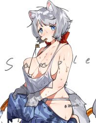 Rule 34 | 1girl, animal ears, blue eyes, breasts, cat ears, furry, gloves, grey hair, ierotak, jewelry, key, loose clothes, necklace, overalls, ribbon, sample watermark, shirt, sweat, tail, watermark, wet