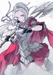 Rule 34 | 1girl, armor, axe, edelgard von hresvelg, fire emblem, fire emblem: three houses, fire emblem warriors, fire emblem warriors: three hopes, gloves, hair ribbon, long hair, looking at viewer, mueririko, nintendo, official alternate costume, official alternate hairstyle, ponytail, purple eyes, ribbon, simple background, skirt, solo, thighhighs, thighs, weapon, white hair, zettai ryouiki
