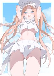 Rule 34 | 1girl, abigail williams (fate), abigail williams (swimsuit foreigner) (fate), abigail williams (swimsuit foreigner) (third ascension) (fate), akitokage, armpits, arms behind head, arms up, bare shoulders, bikini, blonde hair, blue eyes, blue sky, blush, bonnet, bow, breasts, fate/grand order, fate (series), forehead, hair bow, highres, long hair, looking at viewer, miniskirt, navel, open mouth, parted bangs, sidelocks, skirt, sky, small breasts, smile, solo, swimsuit, thighs, twintails, very long hair, white bikini, white bow, white headwear