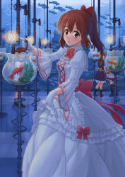 Rule 34 | 1boy, 3girls, :d, bow, brown eyes, brown hair, dress, fish, fishbowl, frills, gloves, hair bow, hair ribbon, looking at viewer, multiple girls, npcpepper, open mouth, original, ponytail, ribbon, smile, solo focus, white dress, white gloves