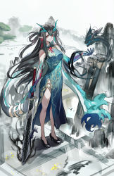 Rule 34 | 1girl, absurdres, arknights, arm tattoo, black footwear, black hair, china dress, chinese clothes, dragon, dragon girl, dragon horns, dragon tail, dress, dusk (arknights), dusk (everything is a miracle) (arknights), echj, flame-tipped tail, full body, green dress, green hair, green skirt, high heels, highres, holding, holding sword, holding weapon, horns, long hair, looking at viewer, multicolored hair, official alternate costume, red eyes, skirt, sleeveless, sleeveless dress, solo, standing, streaked hair, sword, tail, tattoo, very long hair, wavy hair, weapon