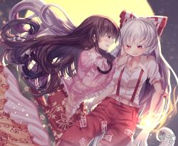 Rule 34 | 2girls, black hair, blush, bow, cat, commentary request, fangs, fire, floral print, fujiwara no mokou, full moon, hair bow, highres, houraisan kaguya, kemo chiharu, long hair, long sleeves, looking at another, midriff, moon, multiple girls, open mouth, overalls, pants, profile, red eyes, red pants, shirt, short sleeves, signature, torn clothes, torn sleeves, touhou, very long hair, wavy hair, white hair, white shirt, wide sleeves