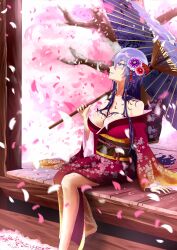 Rule 34 | 1girl, absurdres, arm support, bare shoulders, blush, branch, breasts, cherry blossoms, cleavage, commentary request, feet out of frame, floral print, floral print kimono, flower, hair flower, hair ornament, highres, holding, holding umbrella, japanese clothes, kimono, large breasts, long hair, long sleeves, obi, off shoulder, oil-paper umbrella, original, parted lips, petals, pink flower, purple eyes, purple hair, sash, sion (banerye123456), sitting, solo, umbrella, veranda, wide sleeves