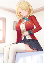 Rule 34 | 1girl, azur lane, black skirt, blonde hair, braid, breasts, cape, closed eyes, commission, earrings, french braid, indoors, jacket, jewelry, large breasts, medium hair, miniskirt, ornate ring, pixiv commission, pleated skirt, prince of wales (azur lane), red cape, red jacket, ring, sitting, skirt, solo, thighhighs, wedding ring, white thighhighs, yousui