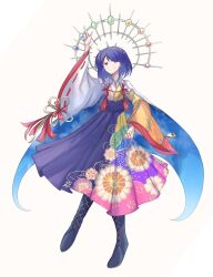 Rule 34 | 1girl, adapted costume, black footwear, blue eyes, blue hair, blue skirt, closed mouth, commentary, cross-laced clothes, english commentary, floral print, full body, highres, long skirt, long sleeves, looking at viewer, multicolored clothes, ribbon-trimmed sleeves, ribbon trim, short hair, simple background, skirt, sky print, solo, tenkyuu chimata, there2007, touhou, white background, wide sleeves