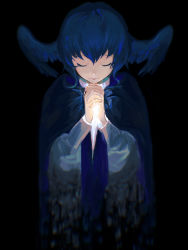 Rule 34 | 1girl, bird wings, black background, blue cape, blue hair, cape, closed eyes, commentary, cropped torso, dissolving, facing viewer, feathered wings, final fantasy, final fantasy xiv, glowing, hands up, head wings, highres, interlocked fingers, long sleeves, meteion, mianango, own hands clasped, own hands together, puffy long sleeves, puffy sleeves, short hair, simple background, solo, upper body, wings