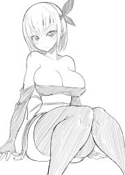 Rule 34 | 1girl, ayane (doa), bare shoulders, breasts, cleavage, dead or alive, greyscale, headband, ken (koala), large breasts, looking at viewer, monochrome, ninja, short hair, simple background, thighhighs, zettai ryouiki